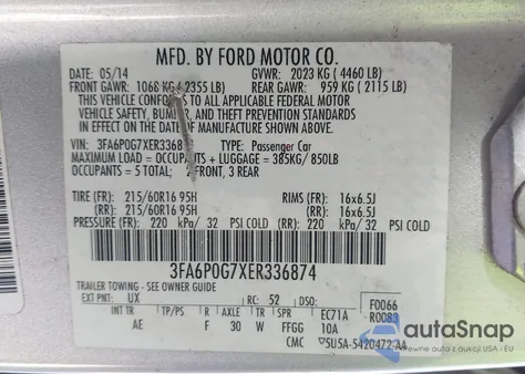 2014 Ford Fusion S z USA, uszkodzony, nr VIN 3FA6P0G7XER336874